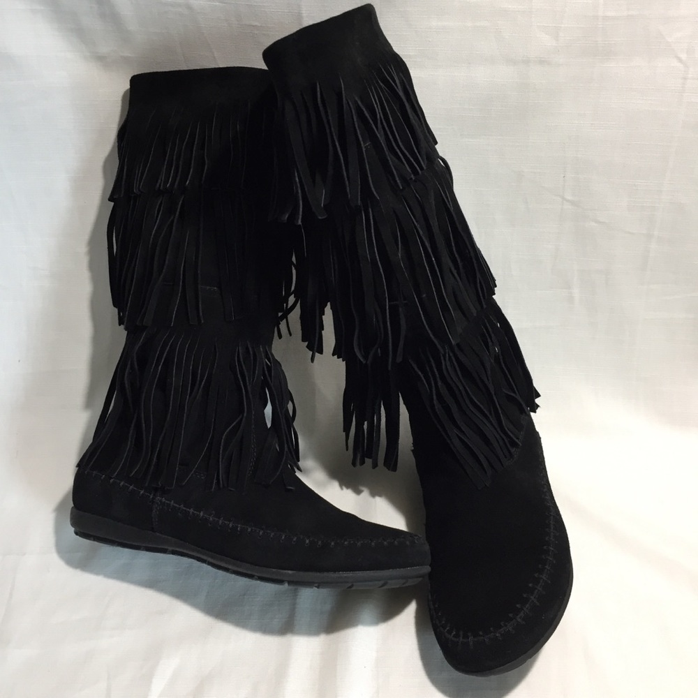 Bjorndal black suede leather fringe boots 7 indigo
